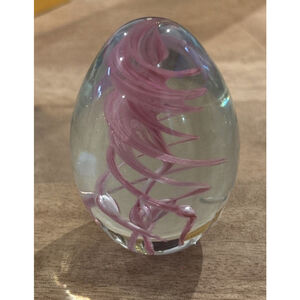 OBG Art Glass Egg Paperweight 1988 Clear with Purple & White Swirl 3" Tall VTG